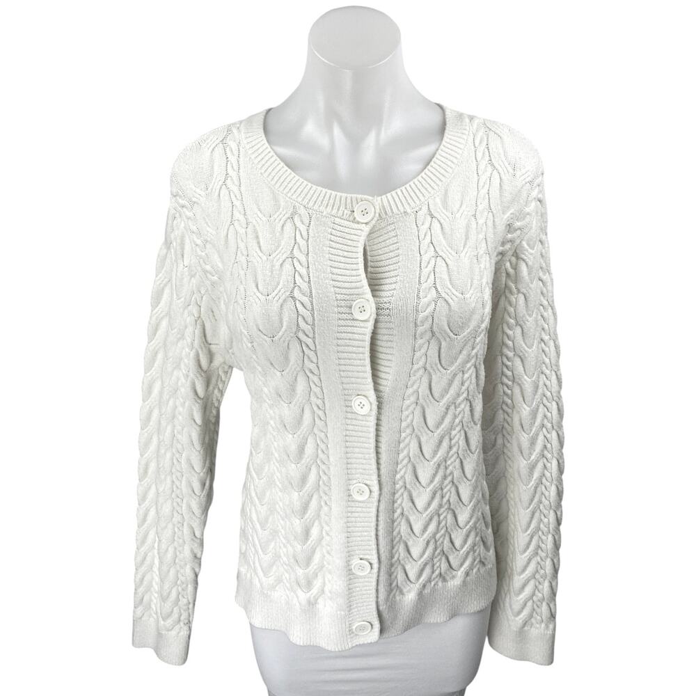 Cyrus Womens White Cable Knit Button Front Long Sleeve Cardigan Sweater Top Sz L
